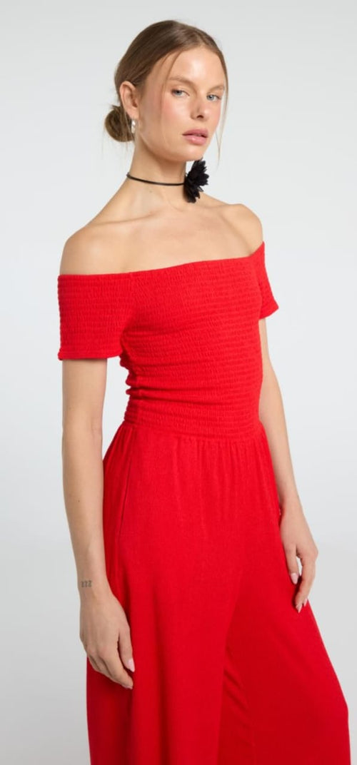 Off-Shoulder Red Jumpsuit