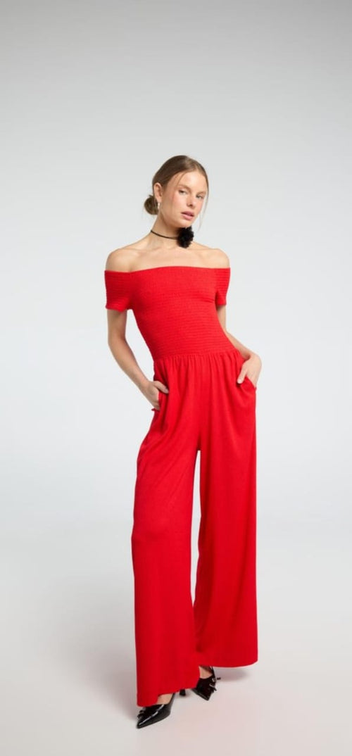 Off-Shoulder Red Jumpsuit