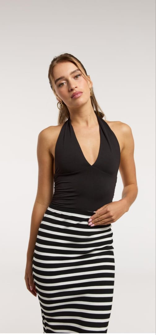 Black Halter Top & Striped Skirt Set